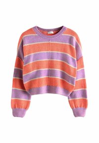 Stribet crop-sweater i orange, lavendel og creme. Strikket struktur med lange ærmer, brede manchetter og rund halsudskæring.