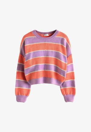 Pullover cu dungi în nuanțe de portocaliu, lavandă și crem. Textură tricotată, cu mâneci lungi, manșete largi și decolteu rotund.
