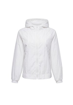 Weiße leichte Kapuzenjacke mit Reißverschluss, langen Ärmeln und elastischen Bündchen, designed für Freizeit- oder Outdoor-Bekleidung.