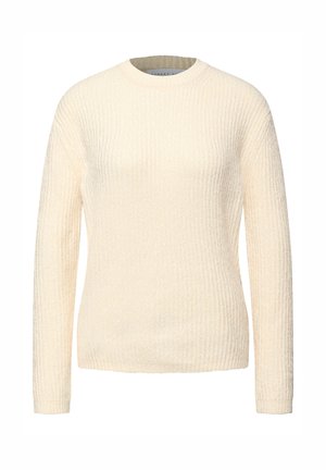 Kremowy, prążkowany sweter z długimi rękawami i okrągłym dekoltem. Tkanina ma miękką teksturę i subtelny połysk.