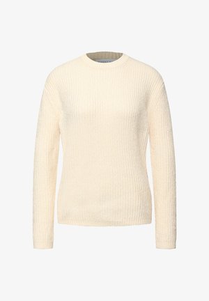 Kremowy, prążkowany sweter z długimi rękawami i okrągłym dekoltem. Tkanina ma miękką teksturę i subtelny połysk.