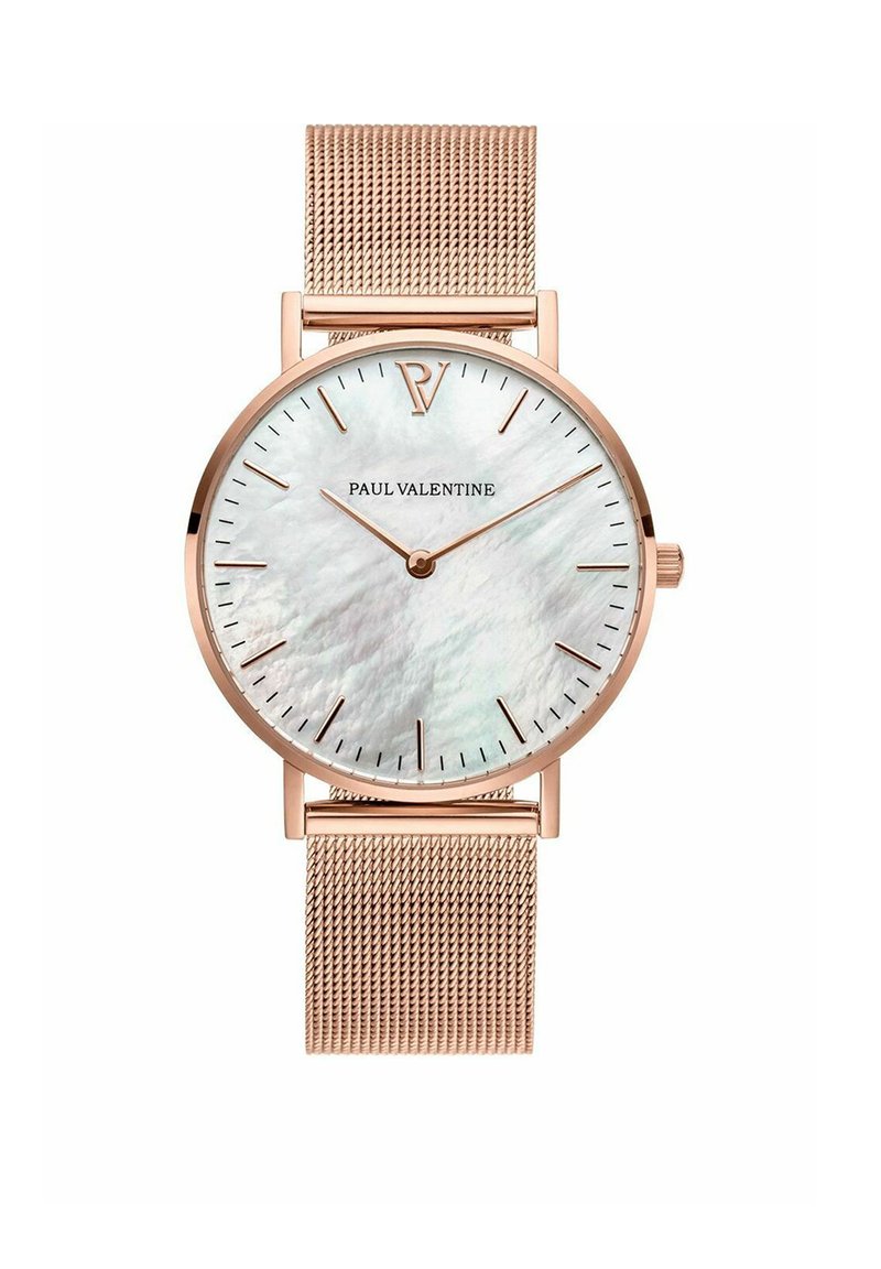 Roségoldenes Mesh-Uhrenarmband mit einem runden Zifferblatt aus Perlmutt, dünnen Stundenmarkierungen und einem Logo. Verfügt über ein elegantes, minimalistisches Design und eine geschmeidige Textur.