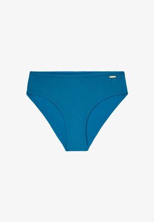 Mėlyna bikinių apatinė dalis, pagaminta iš tekstūruoto audinio, su aukšta liemene ir mažyte auksine logotipo detale šone.