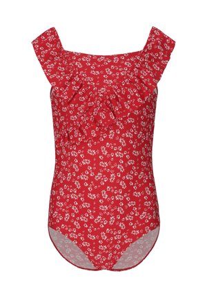 Roter Einteiler-Badeanzug mit weißem Blumenmuster und Rüschendetails entlang des eckigen Ausschnitts und der Schulterträger.