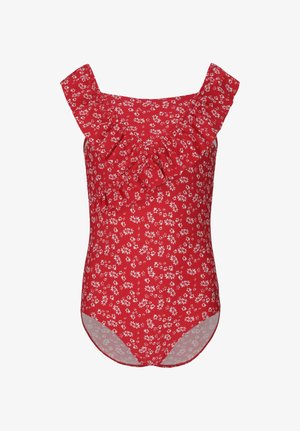 Rood eendelig badpak met witte bloemenprint en ruches langs de vierkante halslijn en schouderbandjes.