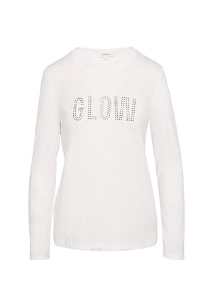 Weißes Langarm-T-Shirt aus Baumwolle mit dem Schriftzug 'GLOW!' aus silbernen Strasssteinen über der Brust. Rundhalsausschnitt und lockere Passform.