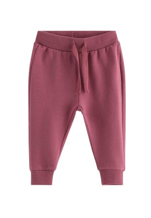 Børns mauve joggingbukser med ribbet taljebånd, snøre, sidelommer og ribbet ankelforstærkning på hvid baggrund.