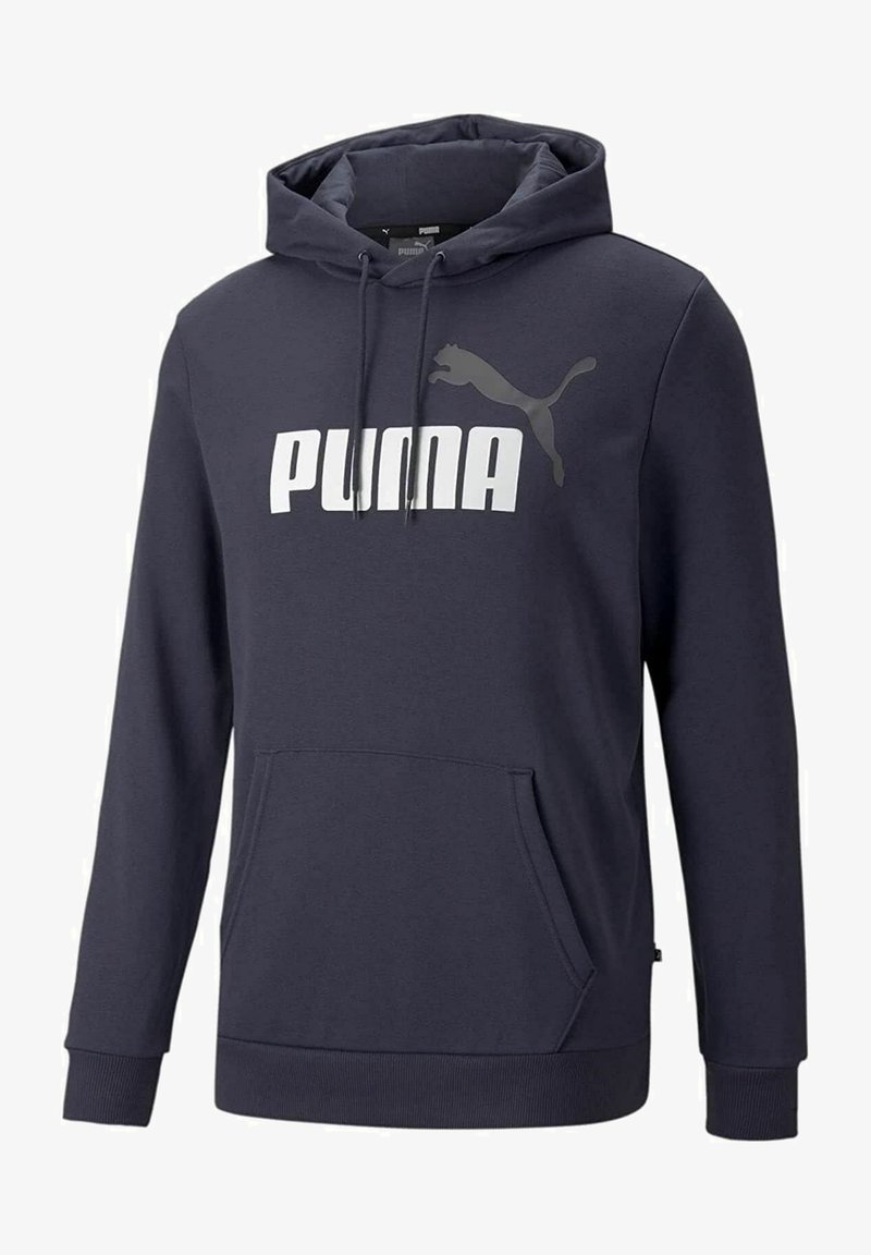 Sweat à capuche bleu marine avec poche ventrale, capuche réglable avec cordon et logo blanc Puma avec chat sautant sur la poitrine.