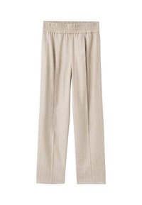 Pantalons larges beige clair en tissu texturé avec des rayures verticales subtiles, dotés d'une taille élastique pour le confort.