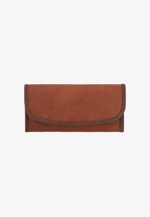 Portafoglio in pelle marrone con una texture liscia, chiusura a pattina e cuciture a contrasto lungo i bordi. Forma rettangolare compatta.