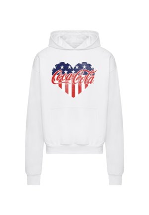 White hoodie featuring a heart design with blue and red stars and stripes, emblazoned with the Coca-Cola logo in red script.