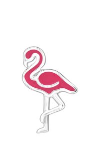 Spilla a forma di fenicottero rosa realizzata in metallo con contorno argentato lucido. Presenta una superficie liscia e lucida con un design in rilievo per aggiungere texture.
