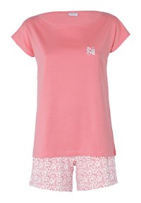 Set di pigiama in cotone rosa chiaro caratterizzato da una maglietta a maniche corte con una piccola stampa floreale e pantaloni corti a stampa floreale in una tonalità più chiara.