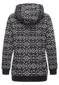 Sweat-shirt à capuche à motifs en gris et blanc, présentant des designs géométriques. Tissu doux, manches longues et bords côtes aux poignets et à l'ourlet.