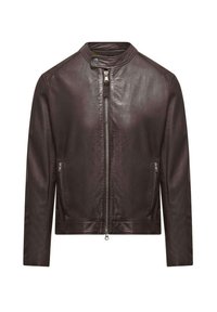 Giacca in pelle marrone con colletto rialzato, chiusura frontale con zip e due tasche laterali con zip, caratterizzata da una texture liscia e un design aderente.