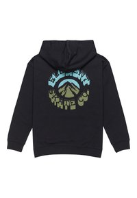 Felpa nera con cappuccio caratterizzata da un design grafico di montagne e il testo "ELEMENT SKATE CO" in blu e verde, tessuto morbido con una vestibilità standard.