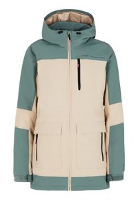 Leichte Winterjacke mit einem türkisfarbenen und beigen Farbschema, strapazierfähigem Material, mit Reißverschlusstaschen und verstellbare Kapuze mit schwarzen Akzenten.