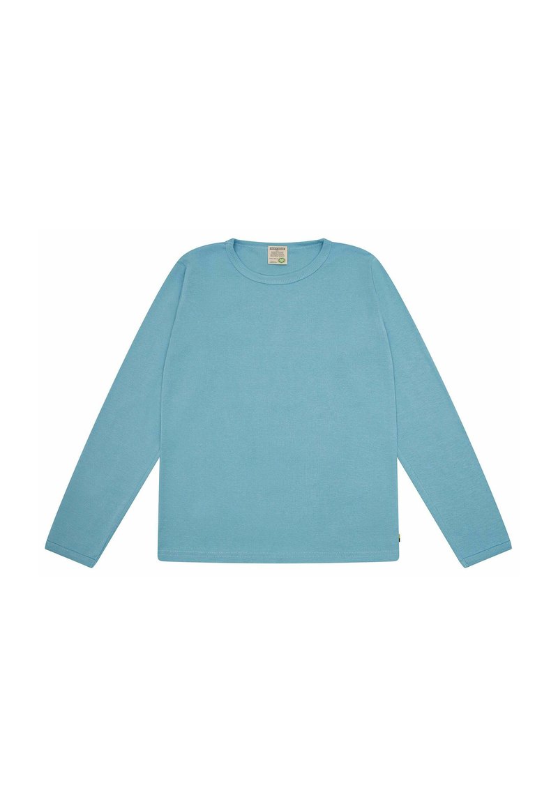 Lichtblauwe langemouwen shirt van zachte katoen. Crew neck ontwerp met gestikte zomen; geen patronen of versieringen. Eenvoudige en klassieke pasvorm.
