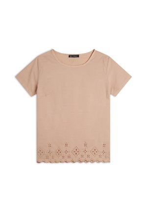 T-shirt en coton à manches courtes, de couleur rose pâle, avec un ourlet festonné et des motifs de broderie à œillets en bas. Col rond, texture douce.