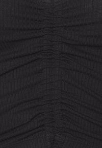 Black ribbed fabric featuring vertical lines and gathered texture, creating a form-fitting appearance with subtle sheen. No distinct patterns.