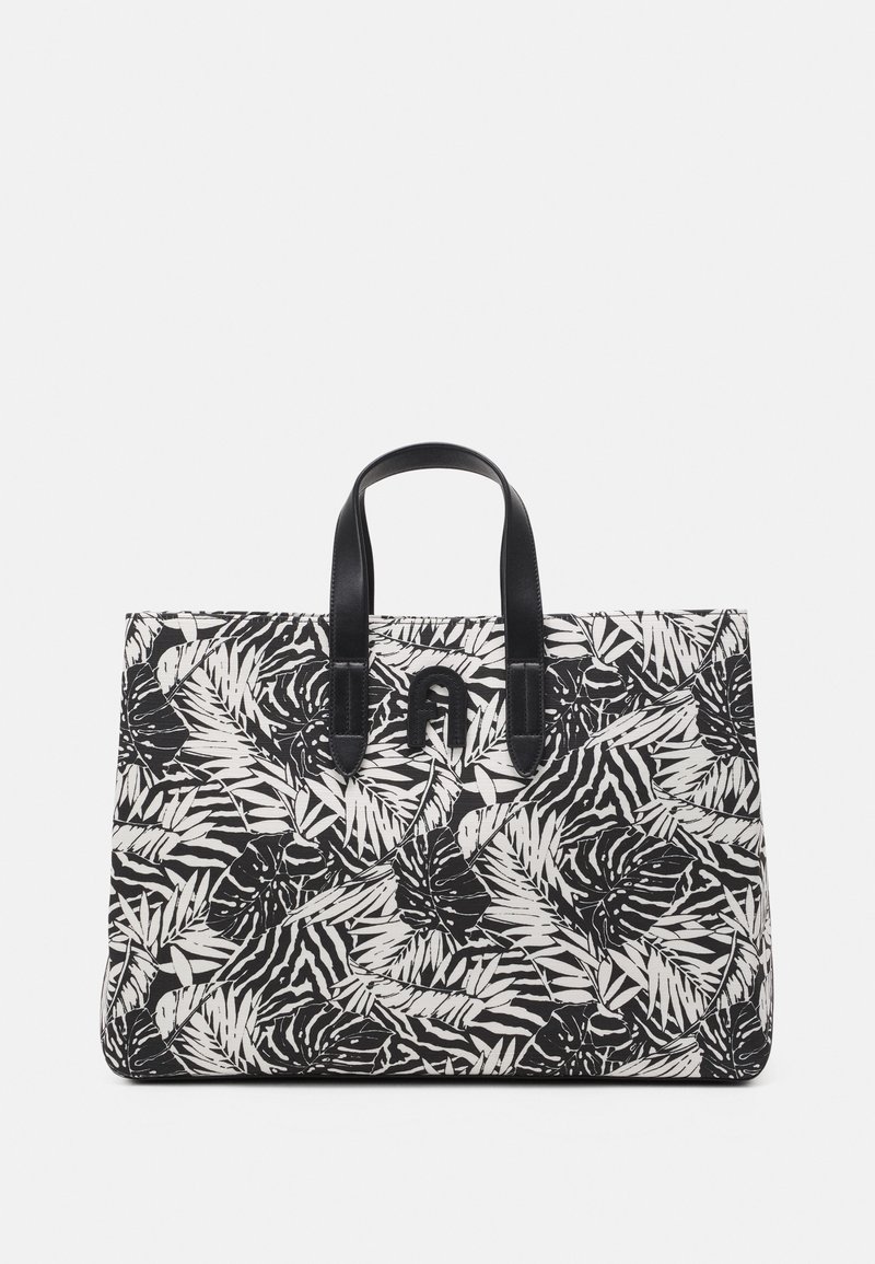 Černobílá taška přes rameno s vzorem palmového listí, hladké černé kožené úchyty a strukturovaný obdélníkový tvar.