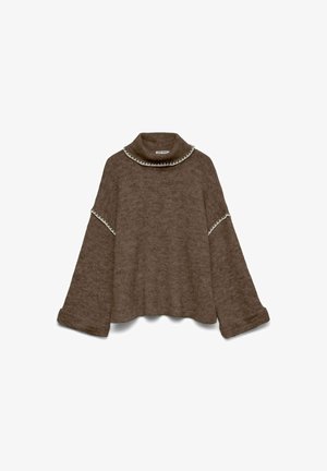 Pull brun surdimensionné avec un col haut et des manches longues. Présente un tissu texturé et des finitions blanches le long de l'encolure et des manches.