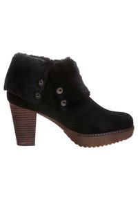 Schwarze Wildleder-Stiefelette mit Kunstfellkragen, zwei Knöpfen an der Seite und einem braunen Holzstrukturschaft. Gummisohle für besseren Halt.