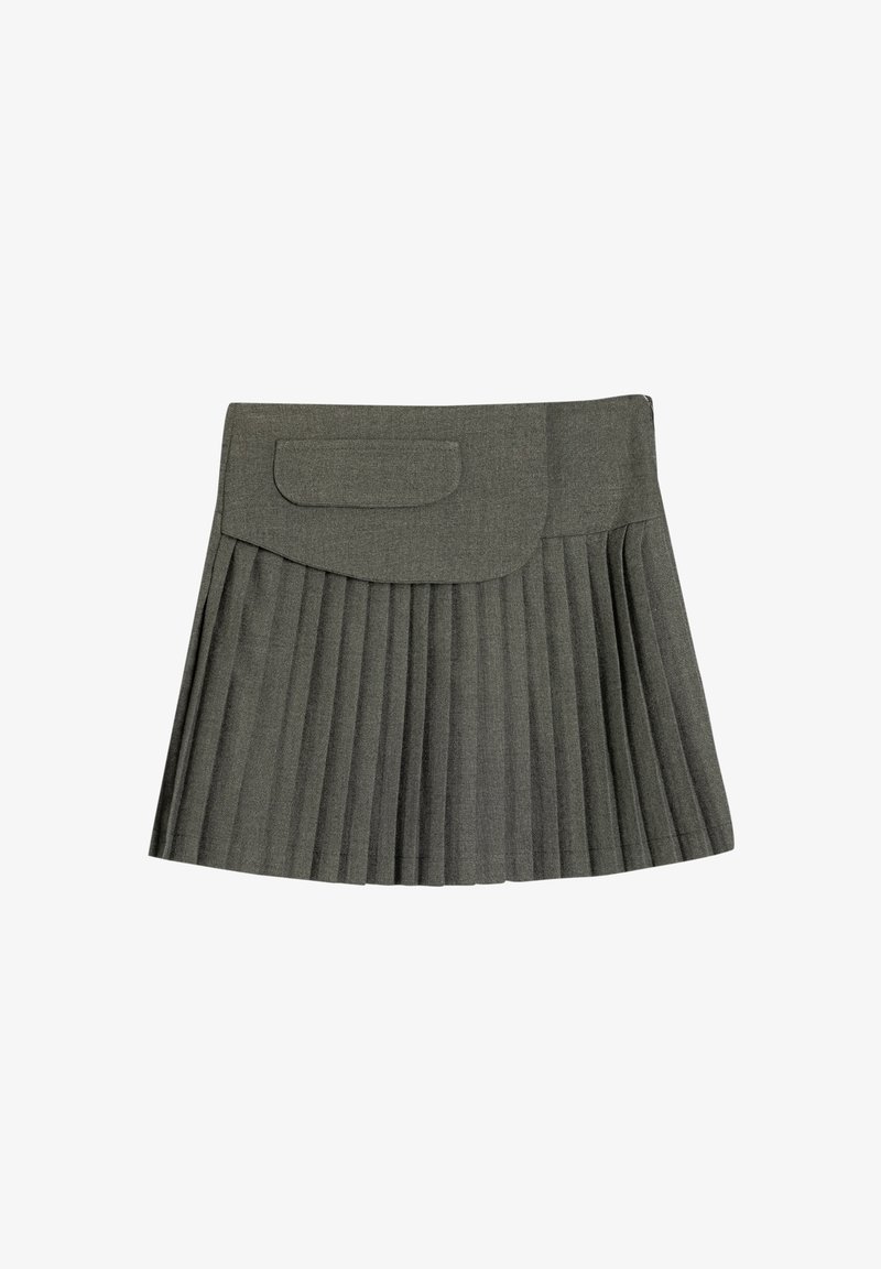 Grauer plissierter Rock aus strukturiertem Stoff mit einem Bund und einer Gesäßtasche. Hat eine ausgestellte Form mit mehreren gleichmäßig verteilten Falten.