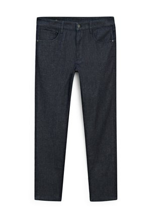 Dark denim jeans with a straight leg cut, featuring five pockets, a front button closure, and minimal stitching detail.