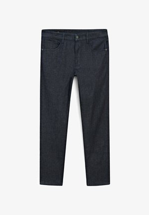 Dark denim jeans with a straight leg cut, featuring five pockets, a front button closure, and minimal stitching detail.