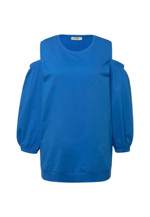 Blauwe katoenen tuniek met cold-shoulder ontwerp, ronde halslijn en pofmouwen. Bevat geplooide accenten en heeft een relaxte pasvorm.