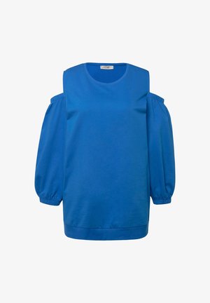 Blaue Baumwolltunika mit Kalt-Schulter-Design, rundem Ausschnitt und Puffärmeln. Verfügt über geraffte Akzente und einen lässigen Schnitt.