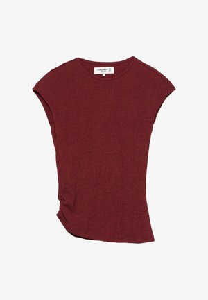 Top a coste bordeaux con scollo rotondo; maniche corte a sbuffo e orlo diagonale. Texture morbida con leggero stretch.