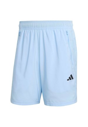 Pantalones cortos deportivos de color azul claro, hechos de tela ligera, con una cinturilla elástica, bolsillos con cremallera y un acento del logo negro de Adidas.