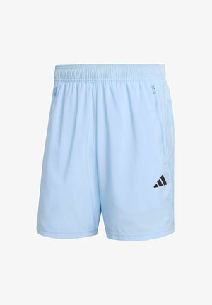 Shorts de sport bleu clair en tissu léger, dotés d'une taille élastique, de poches zippées et d'un logo Adidas noir.