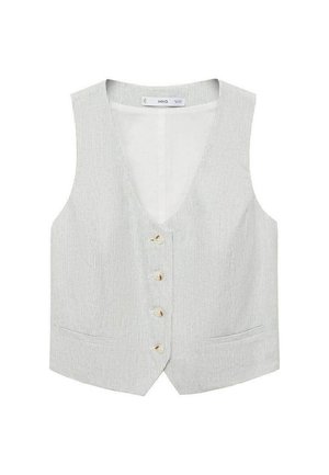 Lightweight striped vest with a deep V-neck, front buttons, two pockets, and a tailored fit in a neutral color scheme.