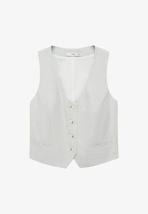 Lightweight striped vest with a deep V-neck, front buttons, two pockets, and a tailored fit in a neutral color scheme.