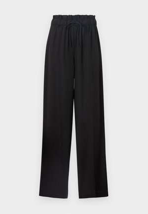 Črne široke hlače z elastičnim pasom in vrvico. Narejene so iz gladkega materiala brez vidnih vzorcev ali dodatkov.