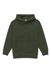 Mörkgrön hoodie tillverkad av en bomullsblandning, med en framficka, ribbade ärmslut och en huva med snörning. Minimal logotyp synlig på bröstet.