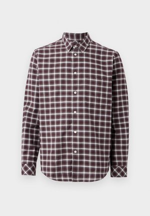 Langærmet ternet skjorte i bordeaux og hvid. Har en button-down krave, forlommes og knaplukninger ned foran.