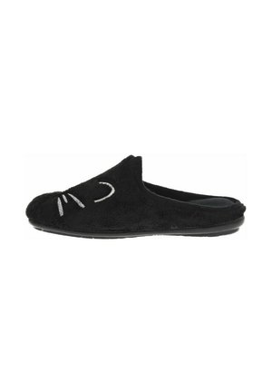 Chaussons noirs en fourrure avec un design de visage de chat, présentant des moustaches argentées et une bouche courbée. Style à enfiler avec un dessus texturé et une semelle plate.