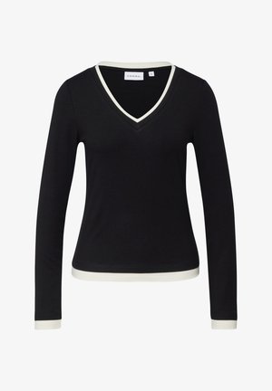 Czarna koszula z długim rękawem i dekoltem w serek, z białym obszyciem na linii szyi, mankietach i dole, rozmiar 36, oznaczona marką "comma".