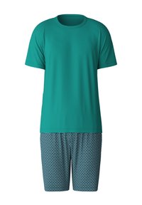 Teal short-sleeve t-shirt paired with patterned shorts. Shorts feature a blue and dark teal geometric design. Smooth, lightweight fabric.