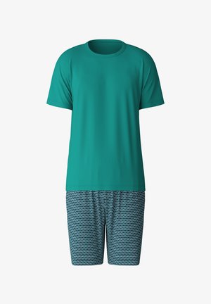 T-shirt a maniche corte color teal abbinato a pantaloni corti con motivo. I pantaloni corti presentano un design geometrico blu e teal scuro. Tessuto liscio e leggero.