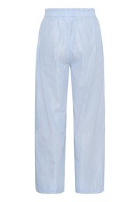Light blue wide-leg pants with a textured, shiny finish and vertical pinstripes. Elastic waistband for comfort. Casual design.