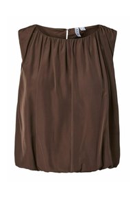 Blouse marron sans manches avec encolure froncée et fermeture à bouton goutte d'eau dans le dos.