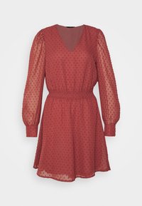 Rotes Polka-Dot-Kleid mit V-Ausschnitt, durchsichtigen Puffärmeln und elastischem Taillenbund. Leichter Stoff mit einem fließenden Rock.