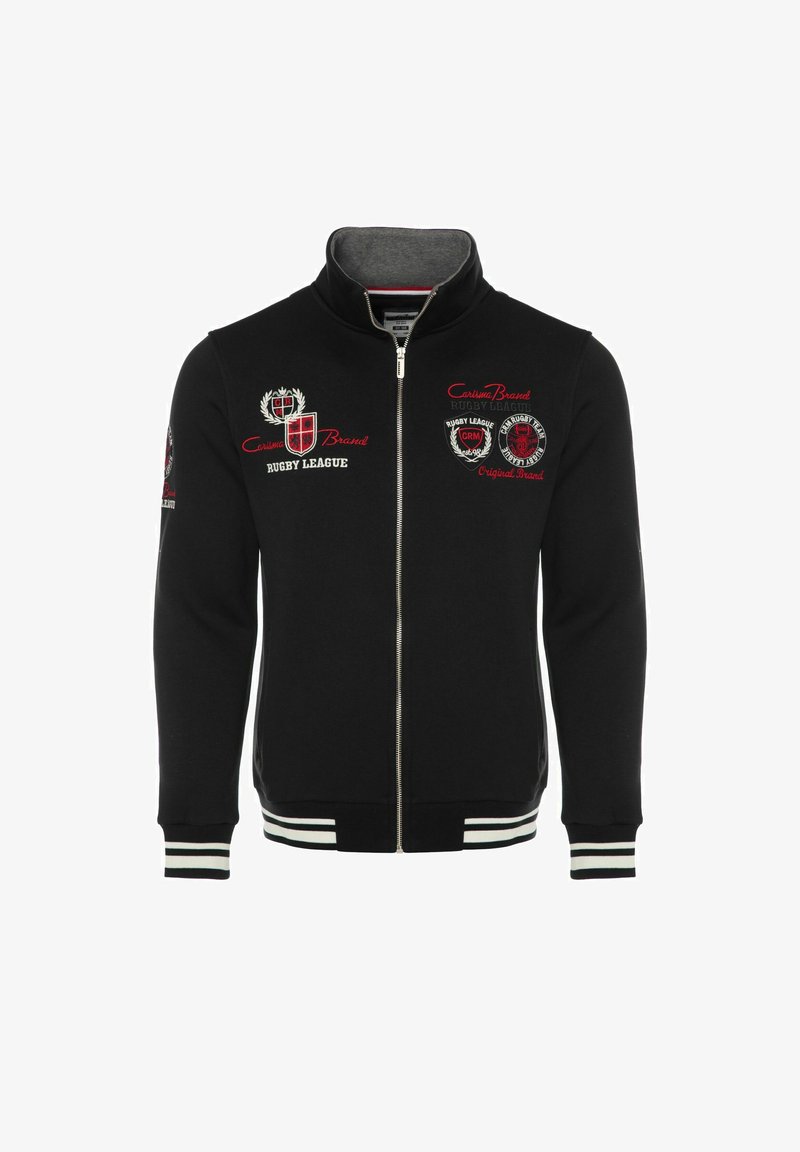 Crna jakna na zip s uspravnim ovratnikom, s crvenim i bijelim vezanim logotipima i prugama na manžetama i rubu. Materijal od kombinacije pamuka.