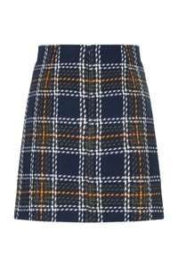 Marine geruite rok met een gestructureerde stof en witte, oranje en groene accenten, gestructureerde vorm en een discrete achtersluiting.