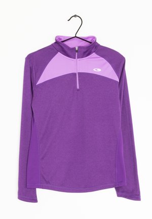 Long-sleeve purple sports pullover with lighter purple upper chest panel, quarter zipper, and logo on a black hanger against white background.